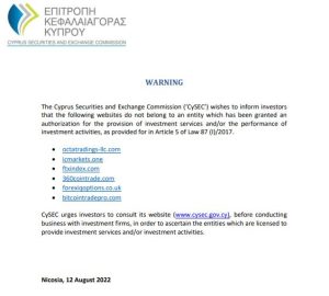 Warning issued by Cypruses CySEC