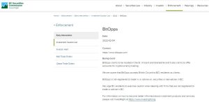 BCSC warning on BitOpps