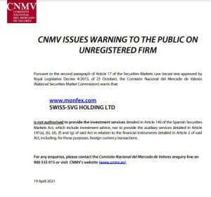 CNMV warning on Monfex