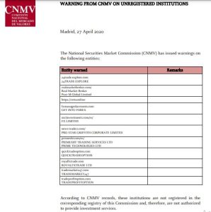 CNMV warning on Prime XBT