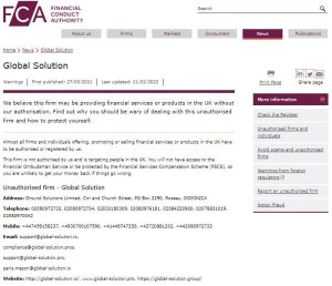 FCA warning on Global-Solution