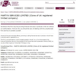 FCA warning on Martyn Services