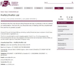 FCA warning on ProfitiX