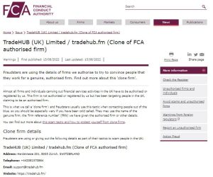 FCA warning on TradeHUB