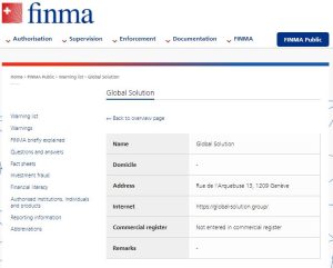 FINMA warning on Global-Solution