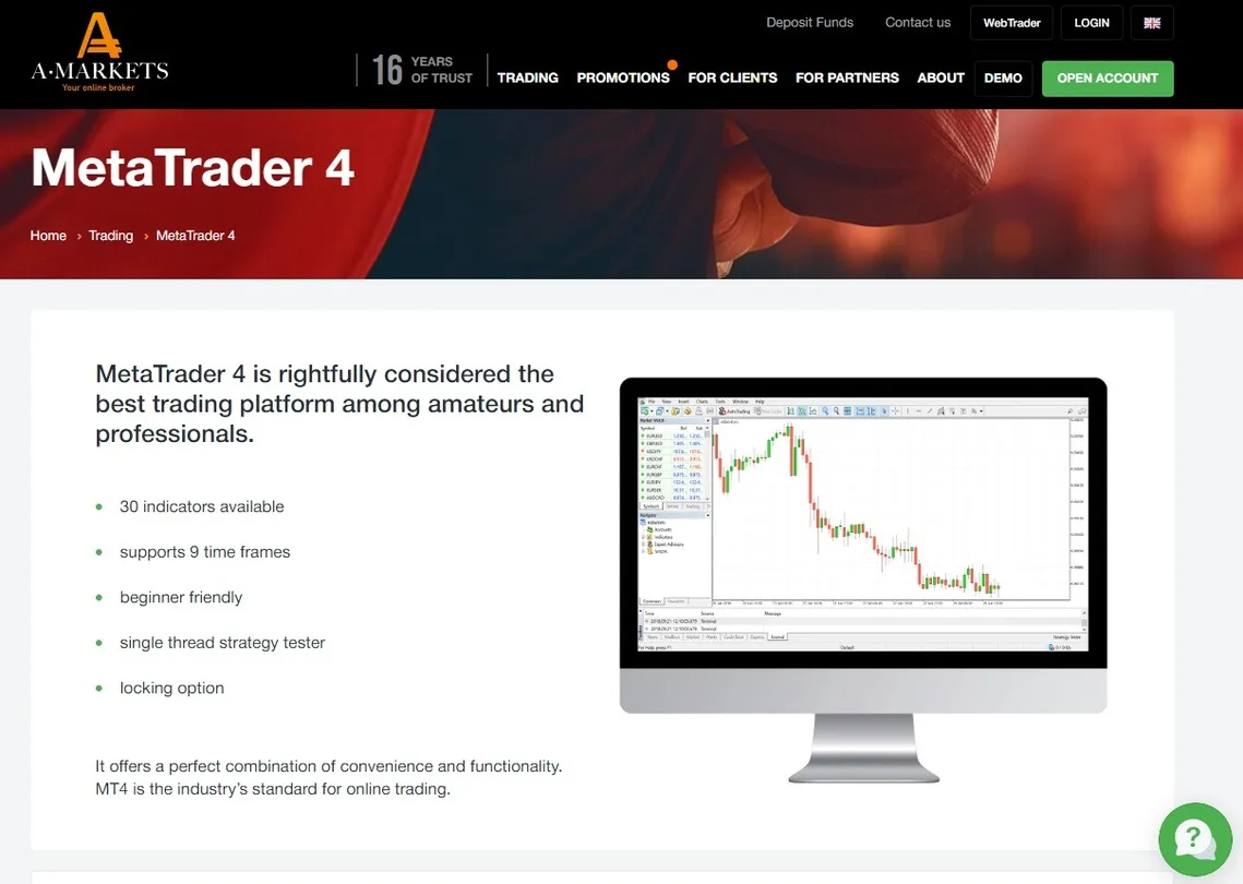 AMarkets MetaTrader4 trading platform