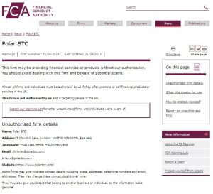 FCA warning on Polarbtc