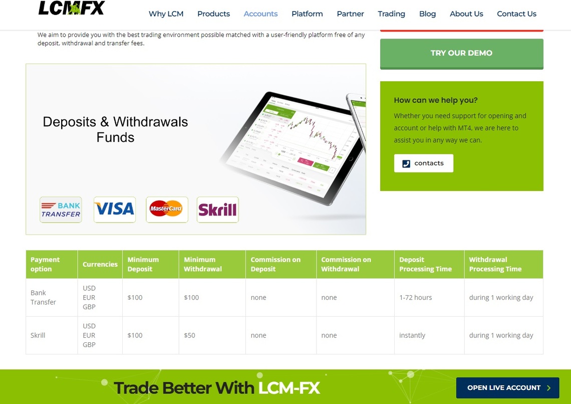 An overview of TP TRADES' fast and efficient withdrawal methods in LCM FX' review.
