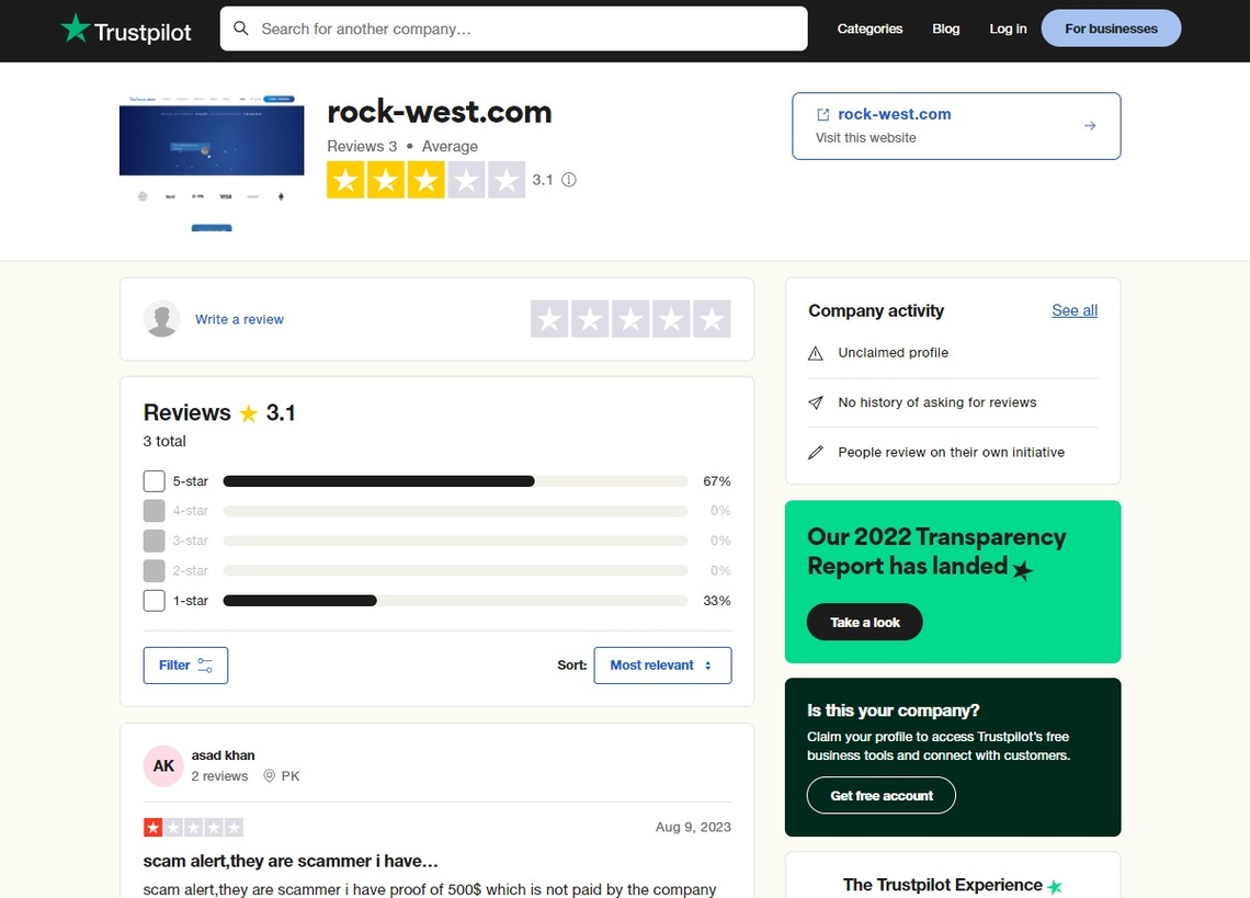 Rock West Trustpilot raiting