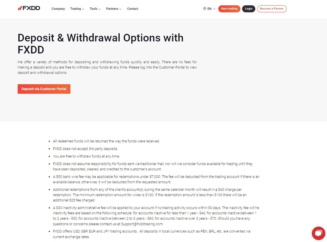 Detailed image of FXDD' flexible withdrawal options in the broker review.