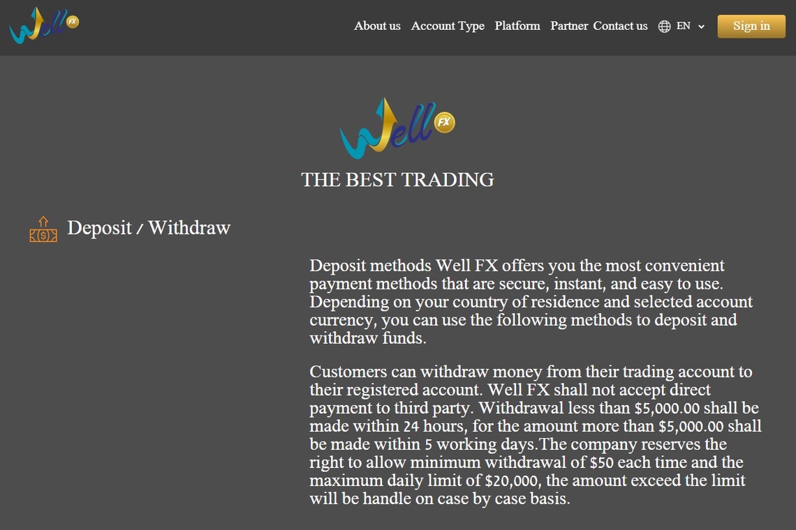 Detailed image of WellFX' flexible withdrawal options in the broker review