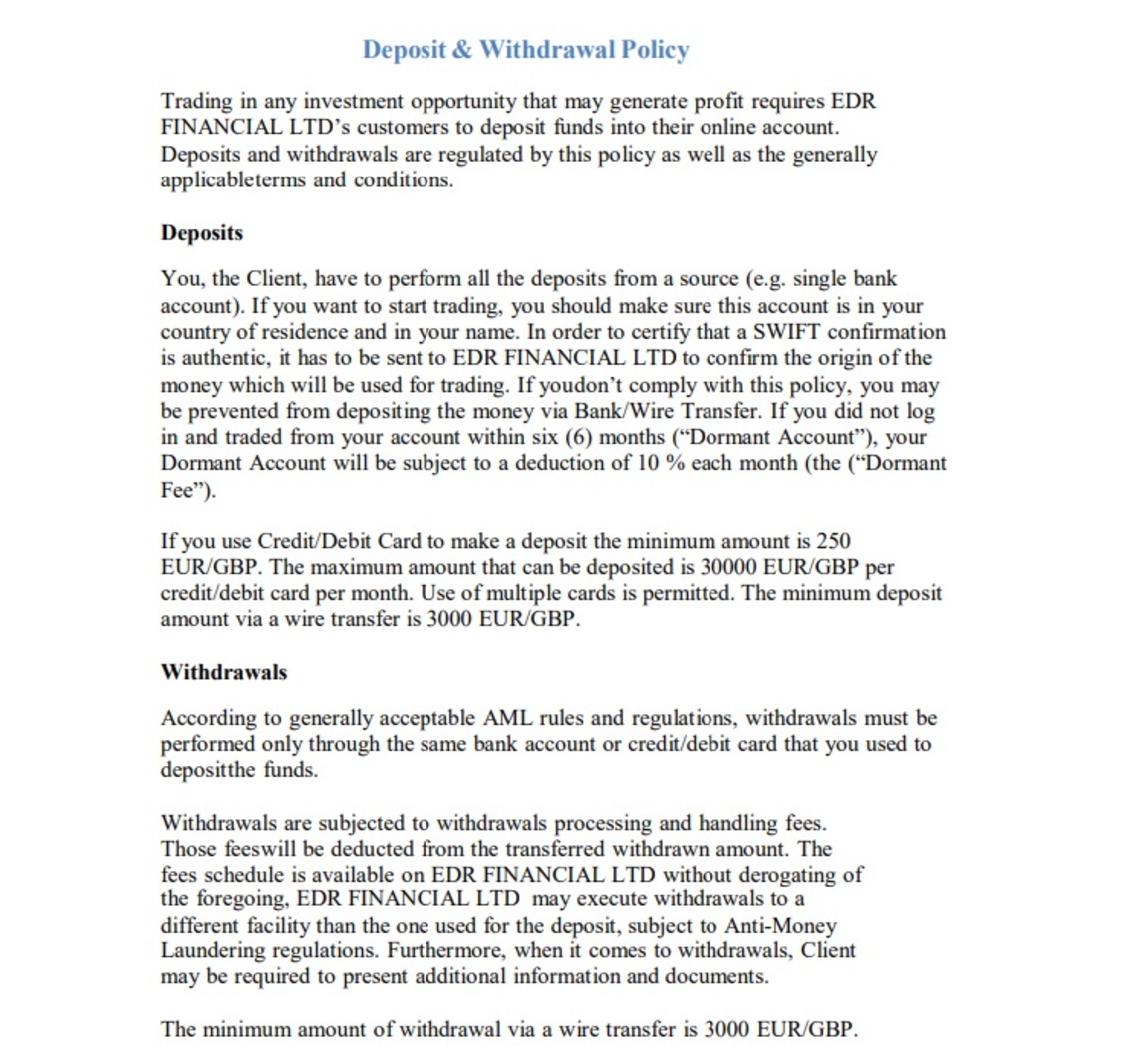 EDR Financial LTD deposit and withdraw methods