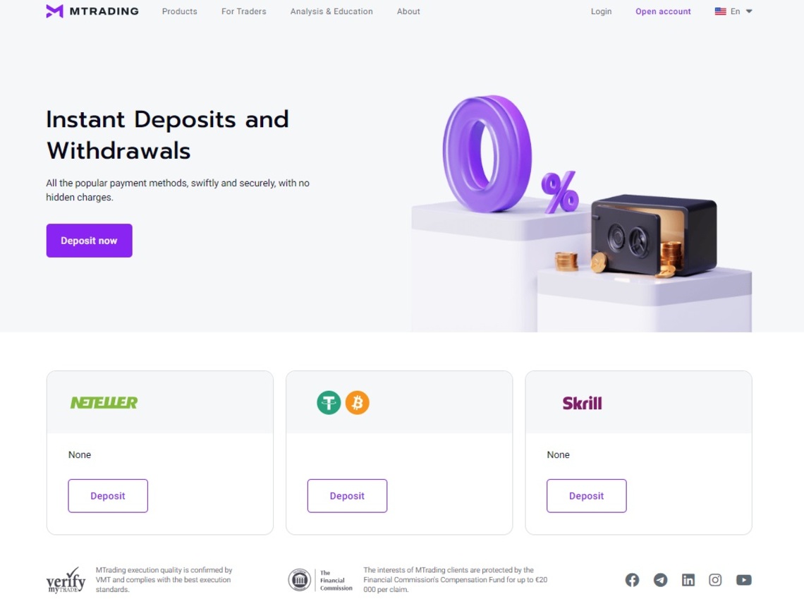 Close-up of the MTrading's digital wallet and cryptocurrency deposit options