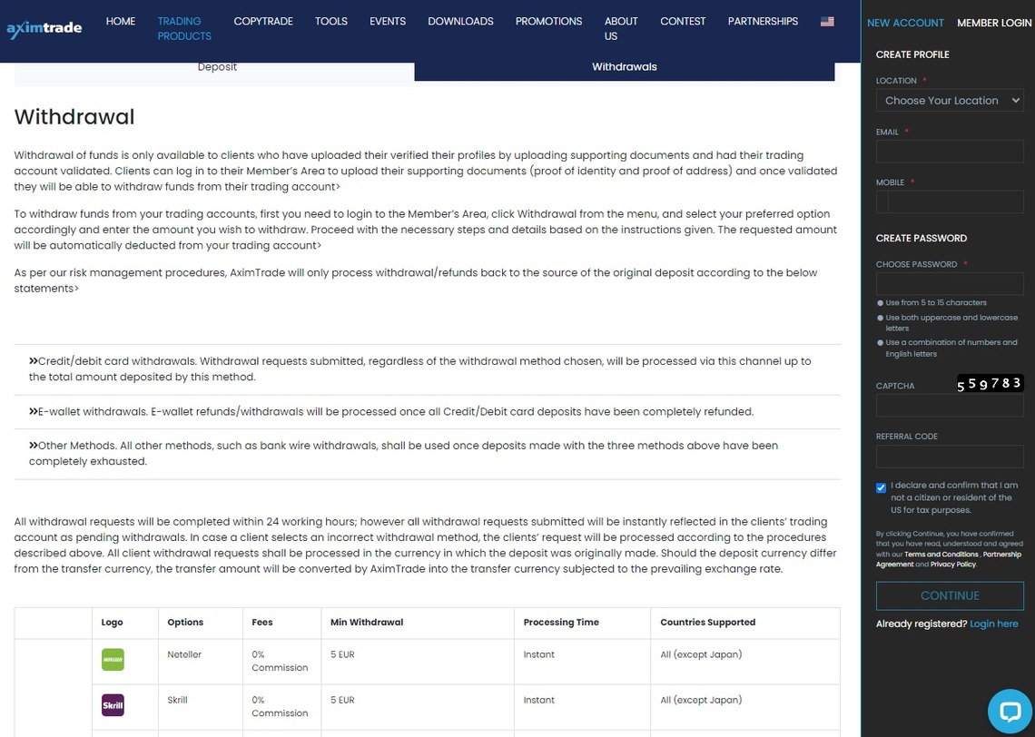 An overview of  AximTrad' fast and efficient withdrawal methods in the broker review