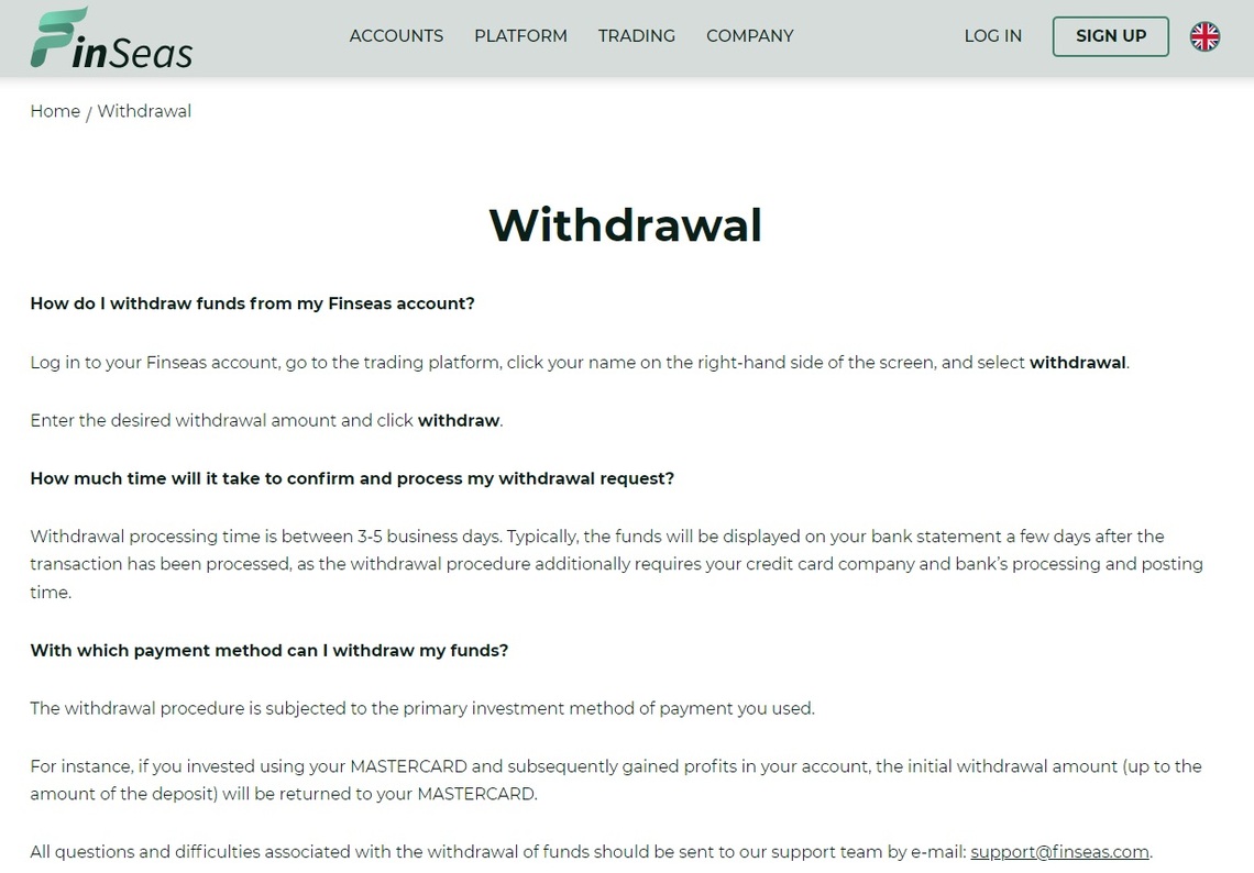 Finseas' flexible withdrawal options in the broker review