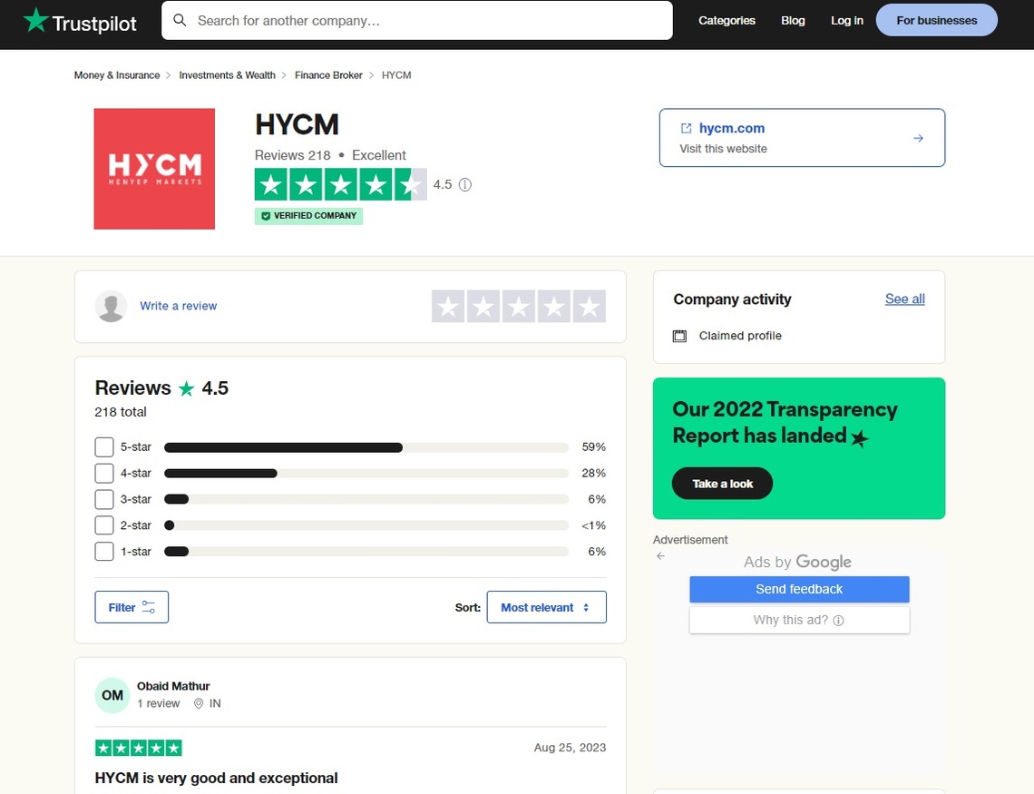 HYCM trustpilot raiting 